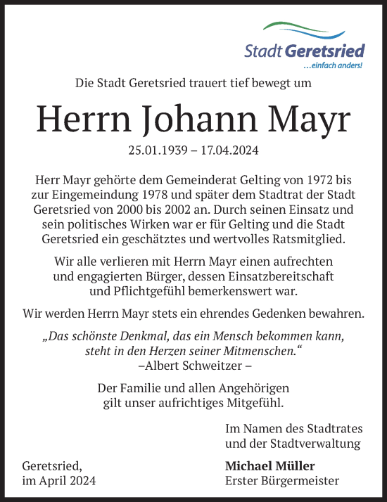 Todesanzeige von Johann Mayr von merkurtz