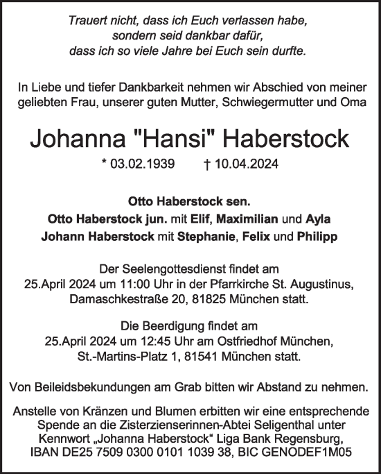 Todesanzeige von Johanna  Haberstock von merkurtz