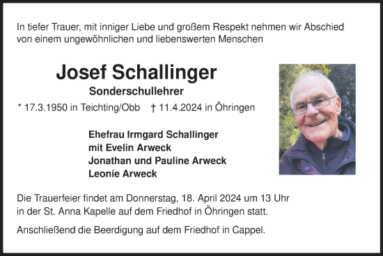 Todesanzeige von Josef Schallinger von merkurtz