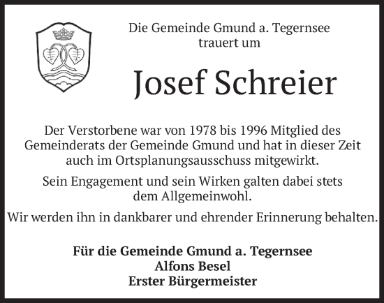 Todesanzeige von Josef Schreier von merkurtz