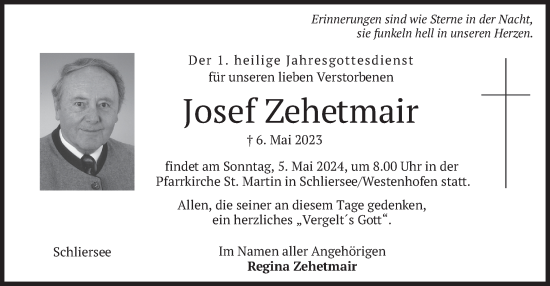 Todesanzeige von Josef Zehetmair von merkurtz