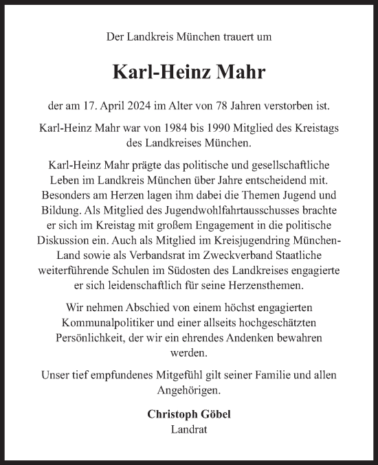 Todesanzeige von Karl-Heinz Mahr von merkurtz