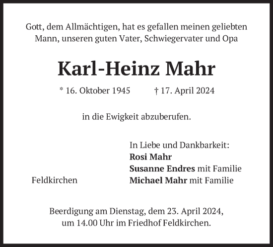 Todesanzeige von Karl-Heinz Mahr von merkurtz