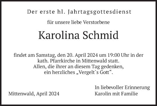 Todesanzeige von Karolina Schmid von merkurtz