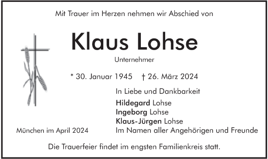 Todesanzeige von Klaus Lohse von merkurtz