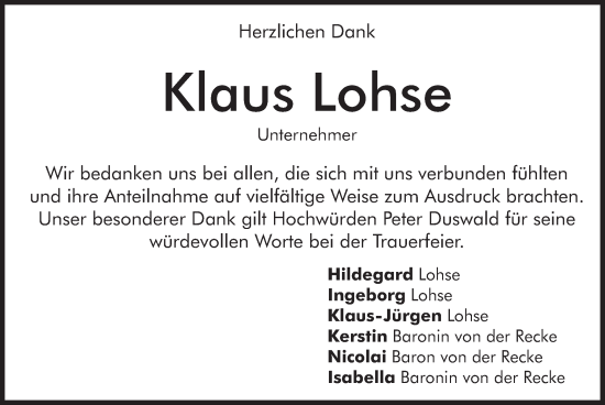 Todesanzeige von Klaus Lohse von merkurtz