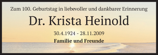 Todesanzeige von Krista Heinold von merkurtz