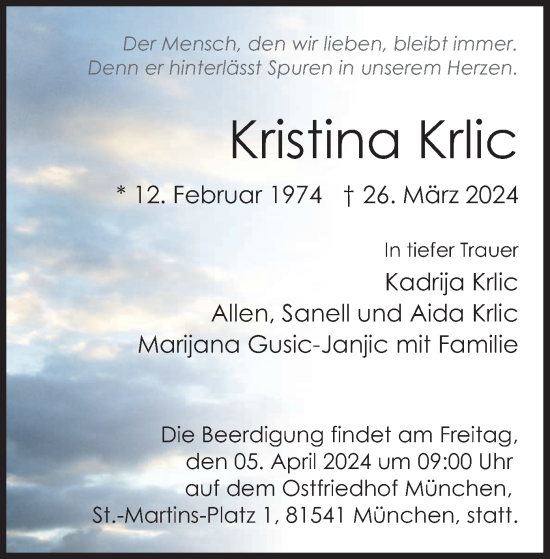 Todesanzeige von Kristina Krlic von merkurtz