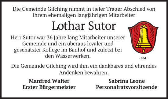 Todesanzeige von Lothar Sutor von merkurtz