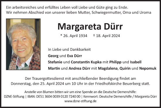 Todesanzeige von Margareta Dürr von merkurtz