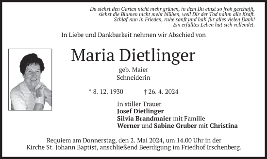 Todesanzeige von Maria Dietlinger von merkurtz