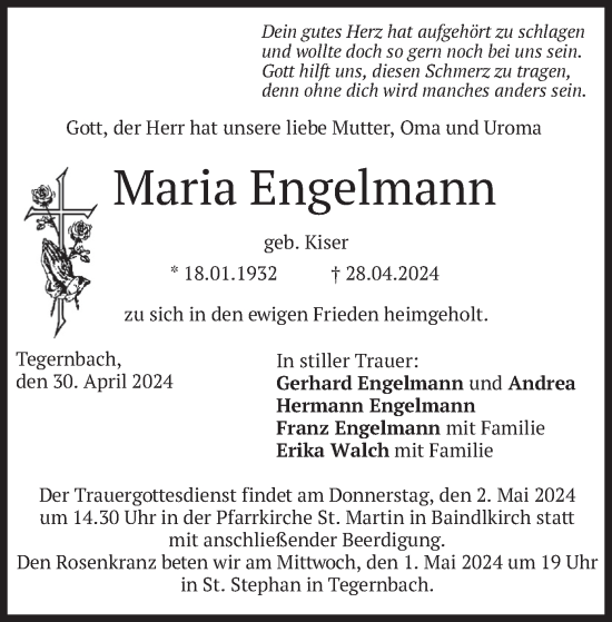 Todesanzeige von Maria Engelmann von merkurtz