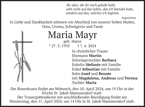 Todesanzeige von Maria Mayr von merkurtz
