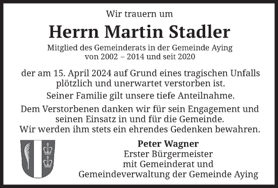 Todesanzeige von Martin Stadler von merkurtz