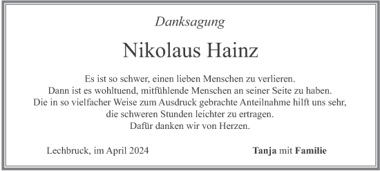 Todesanzeige von Nikolaus Hainz von merkurtz