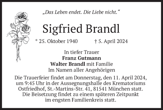 Todesanzeige von Sigfried Brandl von merkurtz