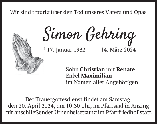 Todesanzeige von Simon Gehring von merkurtz