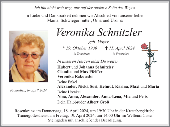 Todesanzeige von Veronika Schnitzler von merkurtz