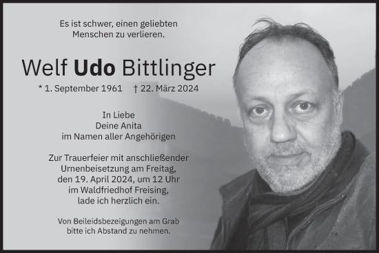 Todesanzeige von Welf Udo Bittfinger von merkurtz