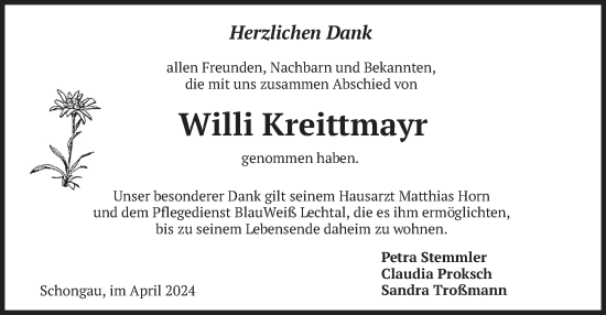 Todesanzeige von Willi Kreittmayr von merkurtz