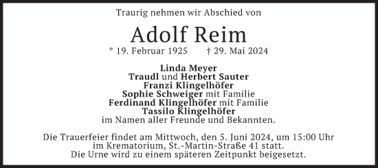 Todesanzeige von Adolf Reim von merkurtz
