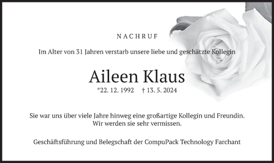 Todesanzeige von Aileen Klaus von merkurtz