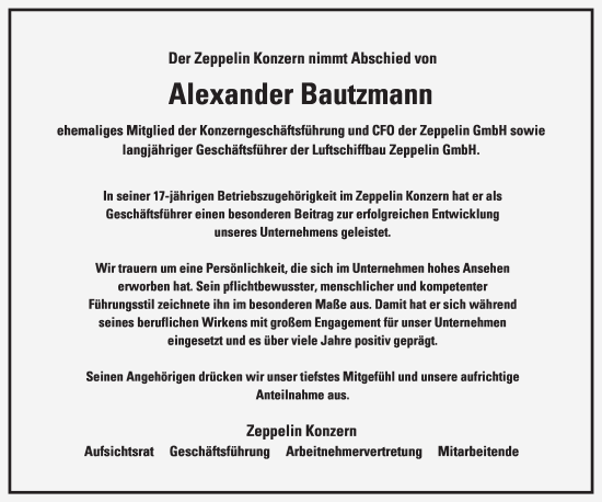 Todesanzeige von Alexander Bautzmann von merkurtz