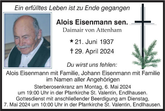Todesanzeige von Alois Eisenmann von merkurtz