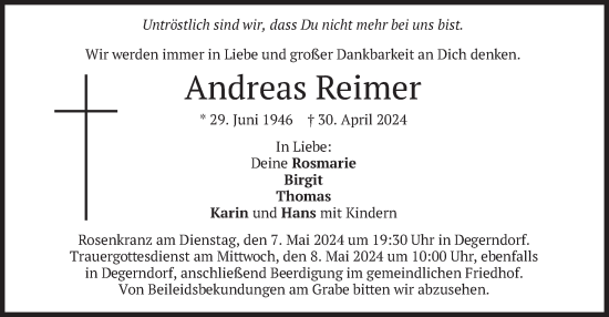 Todesanzeige von Andreas Reimer von merkurtz