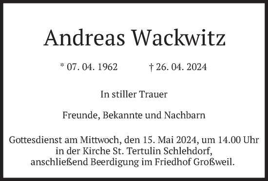 Todesanzeige von Andreas Wackwitz von merkurtz
