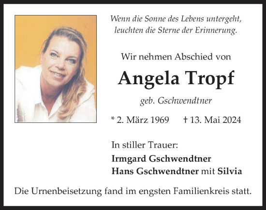 Todesanzeige von Angela Tropf von merkurtz