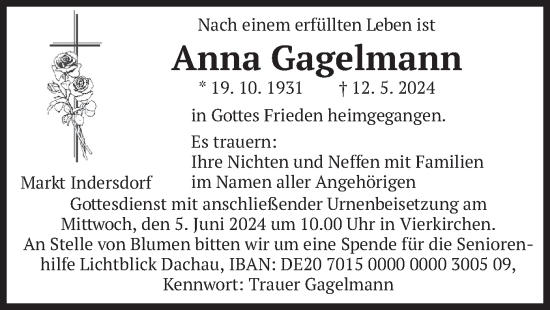 Todesanzeige von Anna Gagelmann von merkurtz