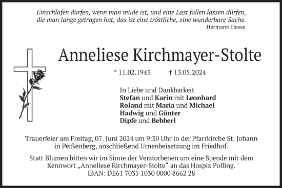 Todesanzeige von Anneliese Kirchmayer-Stolte von merkurtz