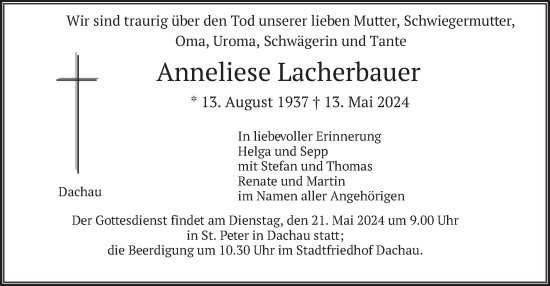 Todesanzeige von Anneliese Lacherbauer von merkurtz