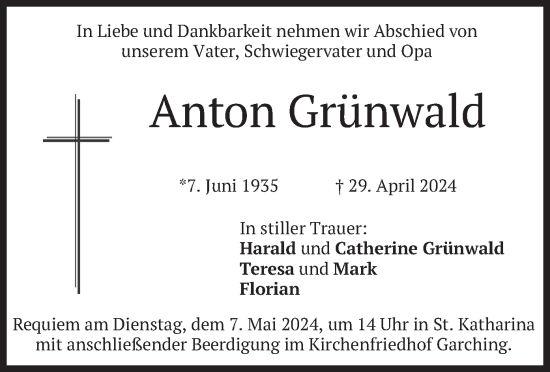 Todesanzeige von Anton Grünwald von merkurtz
