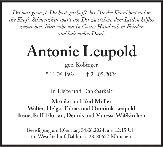 Todesanzeige von Antonie Leupold von merkurtz