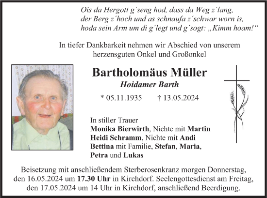 Todesanzeige von Bartholomäus Müller von merkurtz