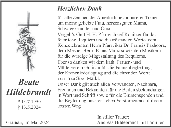 Todesanzeige von Beate Hildebrandt von merkurtz