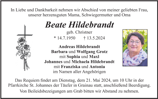 Todesanzeige von Beate Hildebrandt von merkurtz