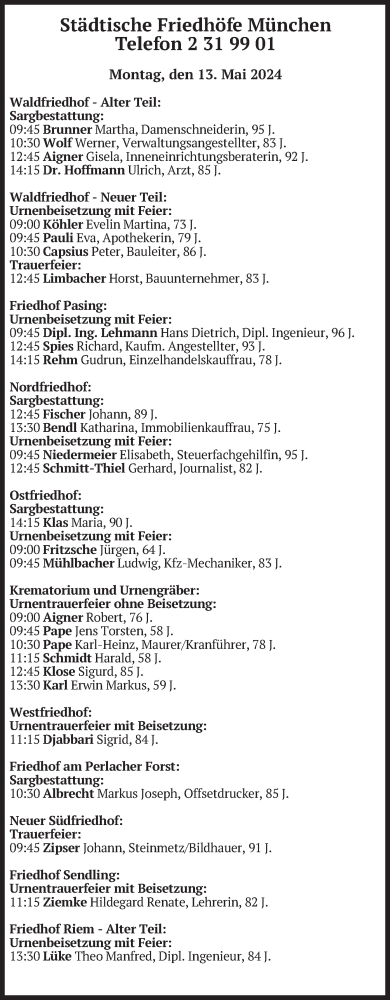 Todesanzeige von Beerdigungen vom 13.05.2024 von merkurtz