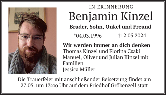 Todesanzeige von Benjamin Kinzel von merkurtz