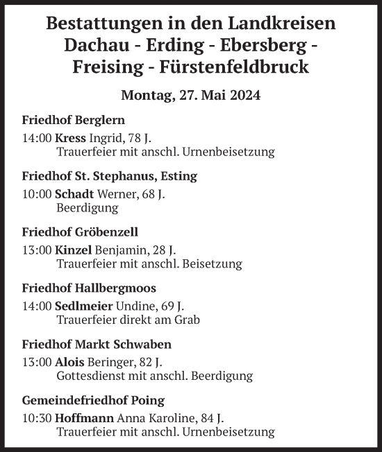 Todesanzeige von Bestattungen vom 27.05.2024 von merkurtz