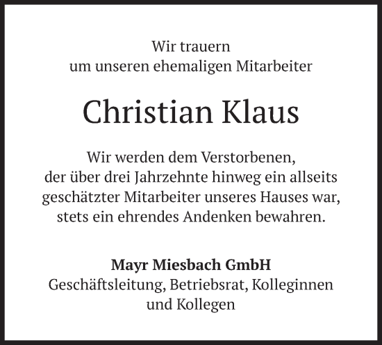 Todesanzeige von Christian Klaus von merkurtz