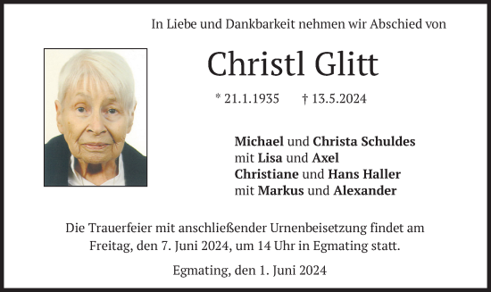 Todesanzeige von Christl Glitt von merkurtz