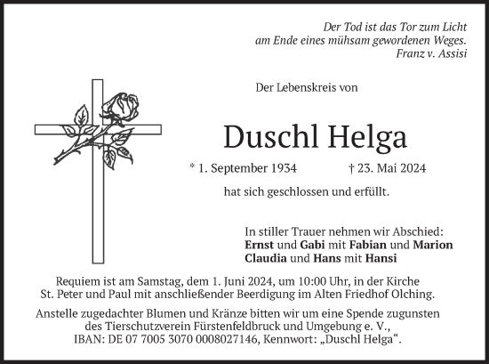 Todesanzeige von Duschl Helga von merkurtz