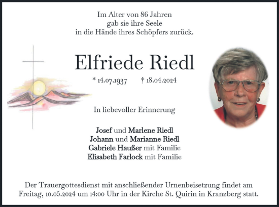 Todesanzeige von Elfriede Riedl von merkurtz