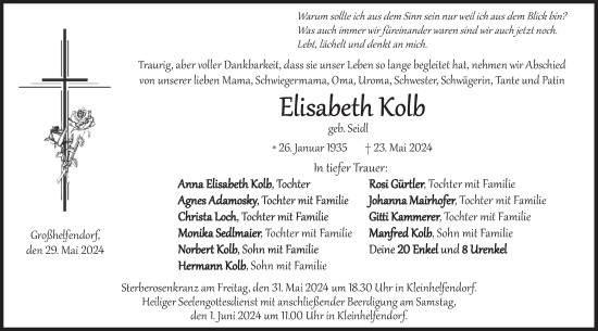 Todesanzeige von Elisabeth Kolb von merkurtz