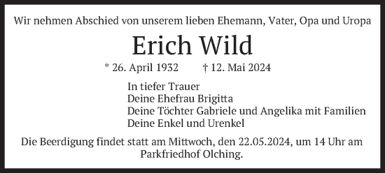Todesanzeige von Erich Wild von merkurtz