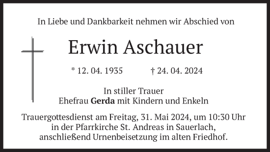 Todesanzeige von Erwin Aschauer von merkurtz