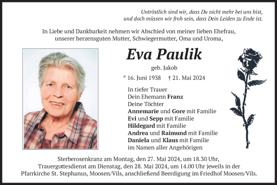 Todesanzeige von Eva Paulik von merkurtz